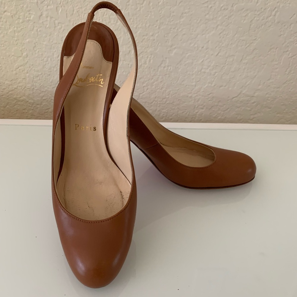 Christian Louboutin Brown Leather Round-Toe Slingback Pumps